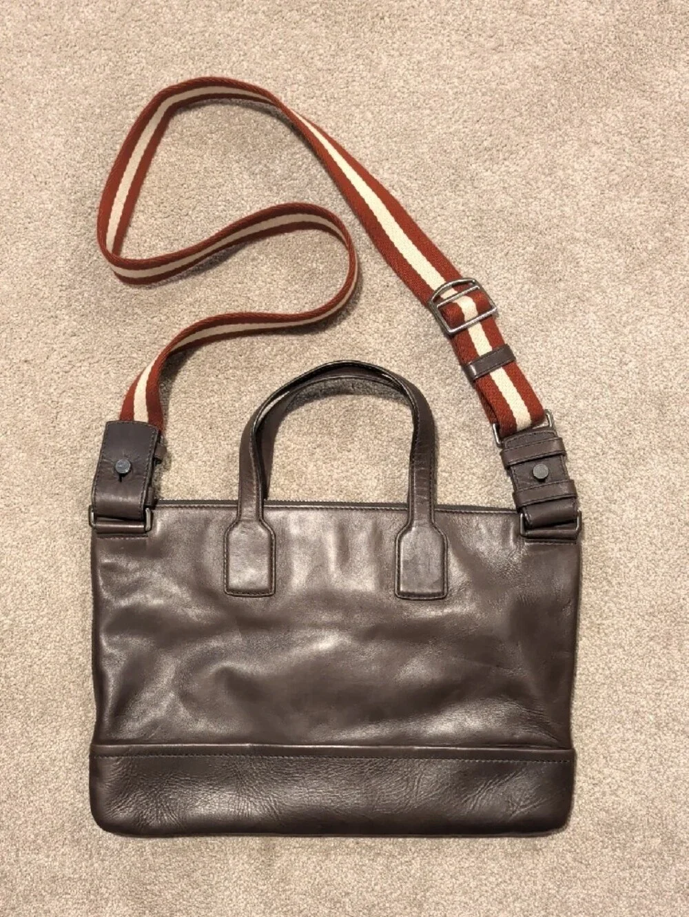Bally Brown Leather Messenger Crossbody Bag Signature Stripe Strap